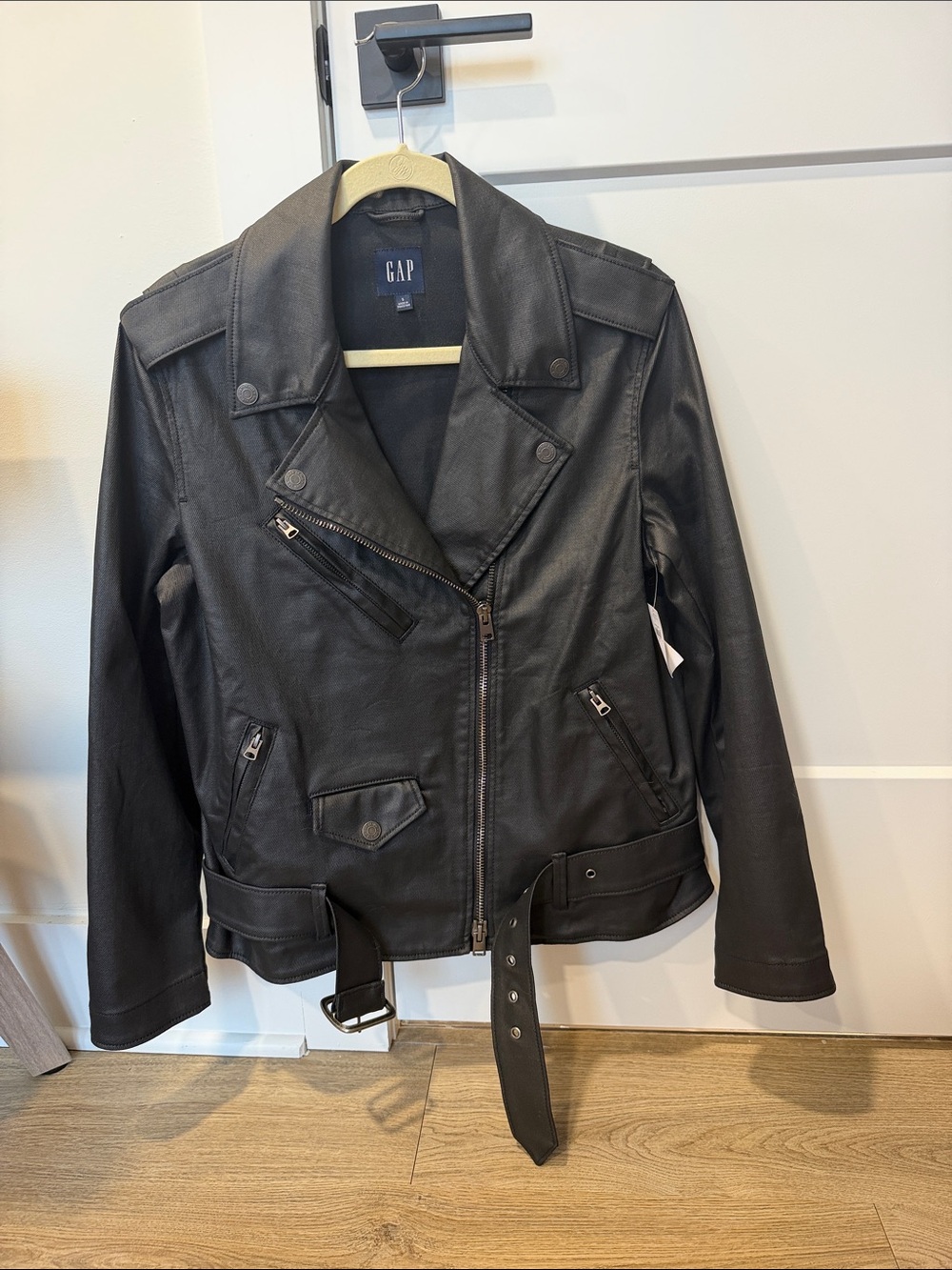 GAP Black Faux Leather Moto Jacket with Belt